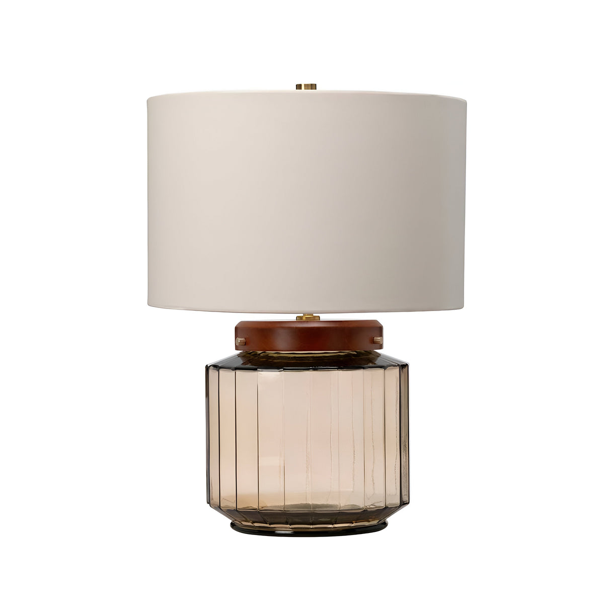 Introducing the Luga Table Lamp - Aged Brass, featuring a white cylindrical shade and a geometric base crafted from recycled glass in a light brown hue. The base's vertical ridges are elegantly complemented by aged brass detailing at the top, creating an eco-conscious design.