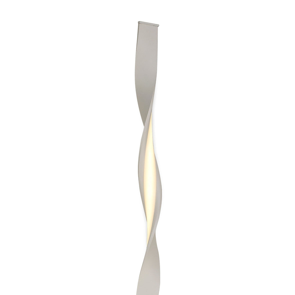 The Madagascar LED Floor Lamp 24W 3000K in Sand White features a modern, sculptural design with a twisted ribbon-like metallic finish and emits soft light from its central edge.