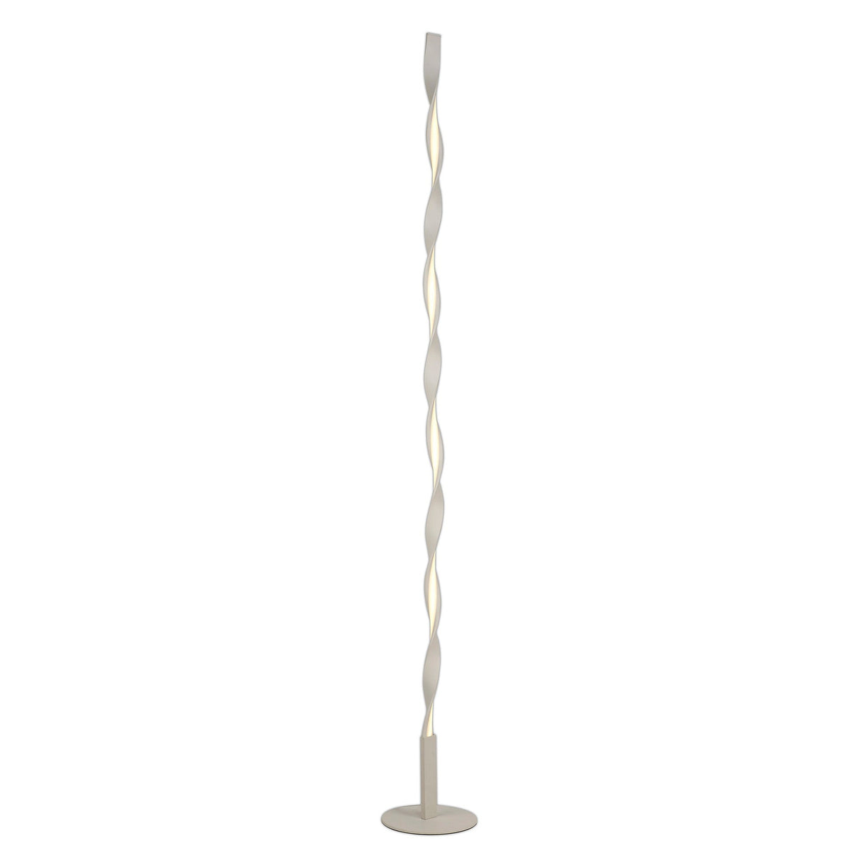 The Madagascar LED Floor Lamp 24W 3000K in Sand White features a modern, slim, twisted design with a round base, emitting energy-efficient light along its spiral structure.