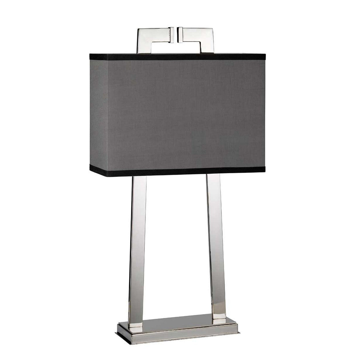 The Magro 1 Light Table Lamp - Polished Nickel features a contemporary design with a rectangular gray fabric shade and a refined metal frame, highlighted by a polished nickel base for added elegance.