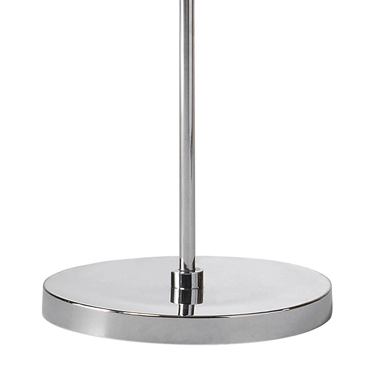 A close-up of the Manhattan 3 Light Floor Lamp’s shiny, round chrome base and slim vertical pole highlights the modern, sleek design complemented by its elegant black shade.