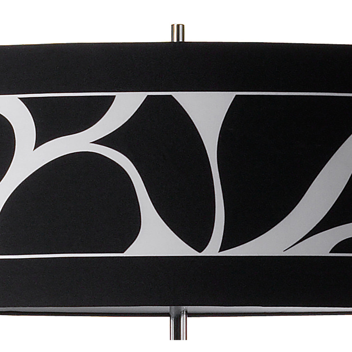 A close-up of the Manhattan 3 Light Floor Lamp's black shade showcases its bold, abstract pattern with curved lines and organic shapes, reflecting the artistic flair and modern style of this chrome floor lamp.