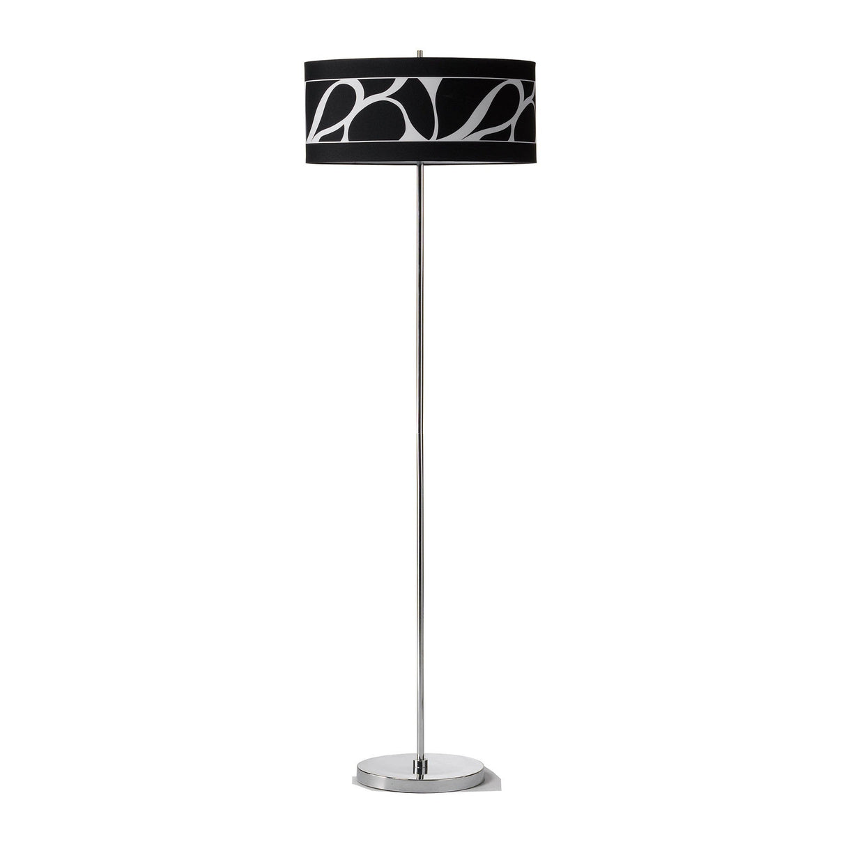 The Manhattan 3 Light Floor Lamp features a slim chrome stand, round base, and a black shade with a bold abstract leaf pattern for contemporary style.