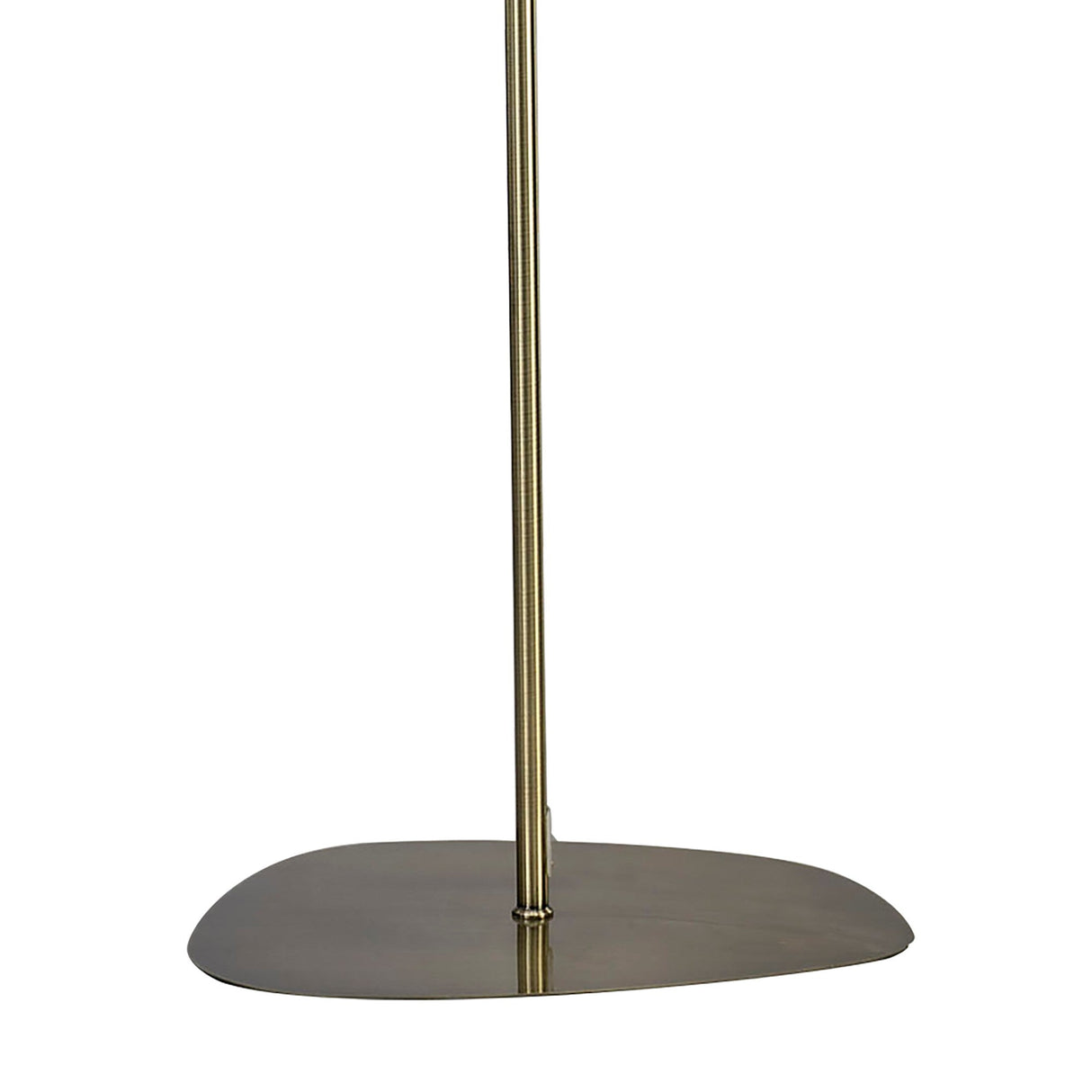 A close-up of the Mara 4 Light Floor Lamp - Antique Brass With Ivory White Shade base, showcasing its smooth, rounded triangular shape and slim vertical pole in a refined antique brass finish.