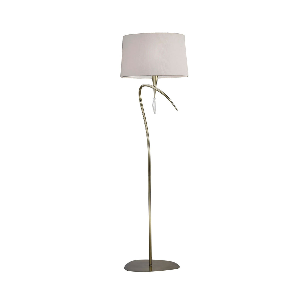 The Mara 4 Light Floor Lamp features an antique brass curved stand, oval base, ivory white drum shade, and a decorative pendant hanging beneath the shade. Displayed against a plain white background.