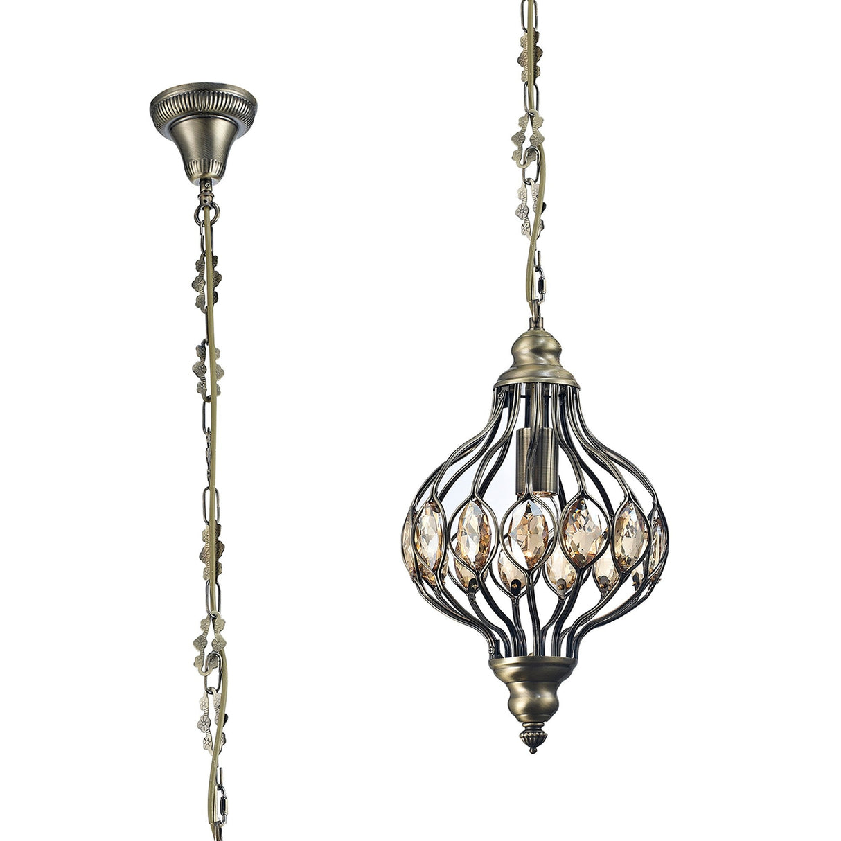 Marisa 24cm 1 Light Crystal Pendant Light - Antique Brass & Amber