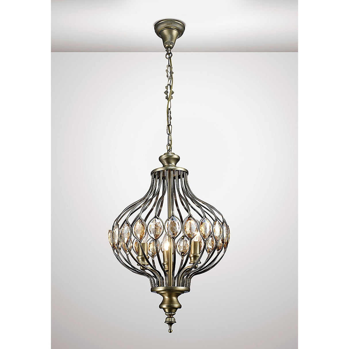 Marisa 3 Light Crystal Pendant Light – Antique Brass
