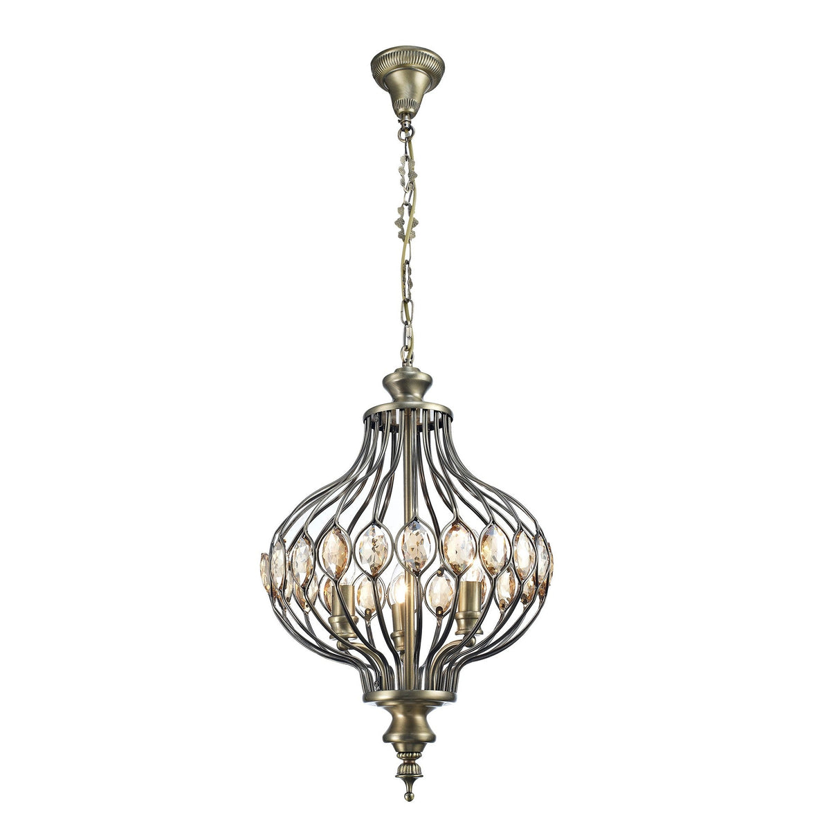 Marisa 3 Light Crystal Pendant Light – Antique Brass