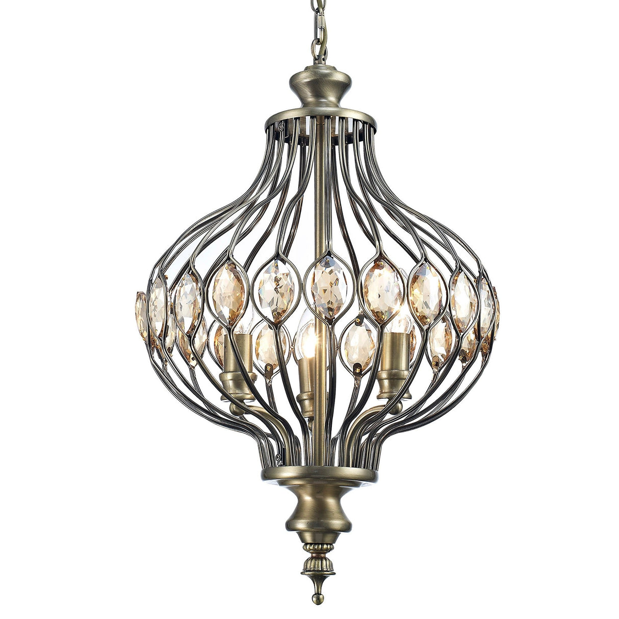 Marisa 3 Light Crystal Pendant Light – Antique Brass