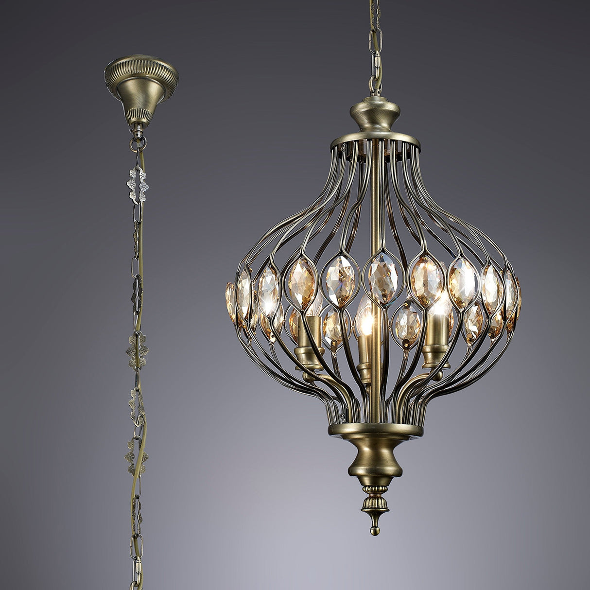 Marisa 3 Light Crystal Pendant Light – Antique Brass