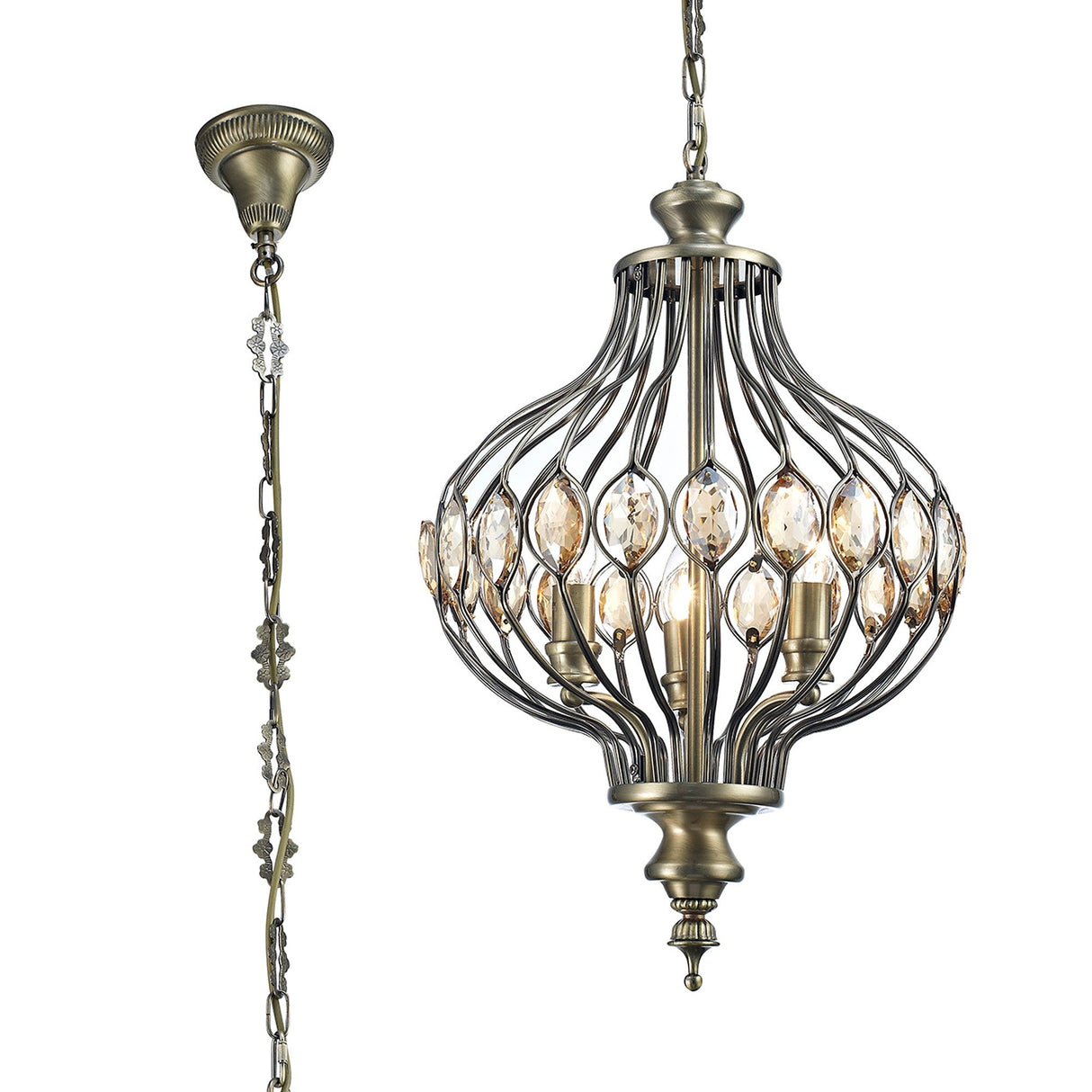 Marisa 3 Light Crystal Pendant Light – Antique Brass