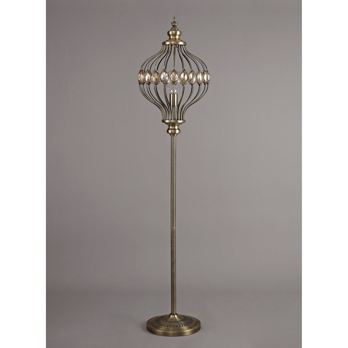 The Marisa 1 Light Crystal Floor Lamp features an antique brass finish, a decorative cage-style metal lampshade with oval accents, and a round base, all set against a plain gray background.