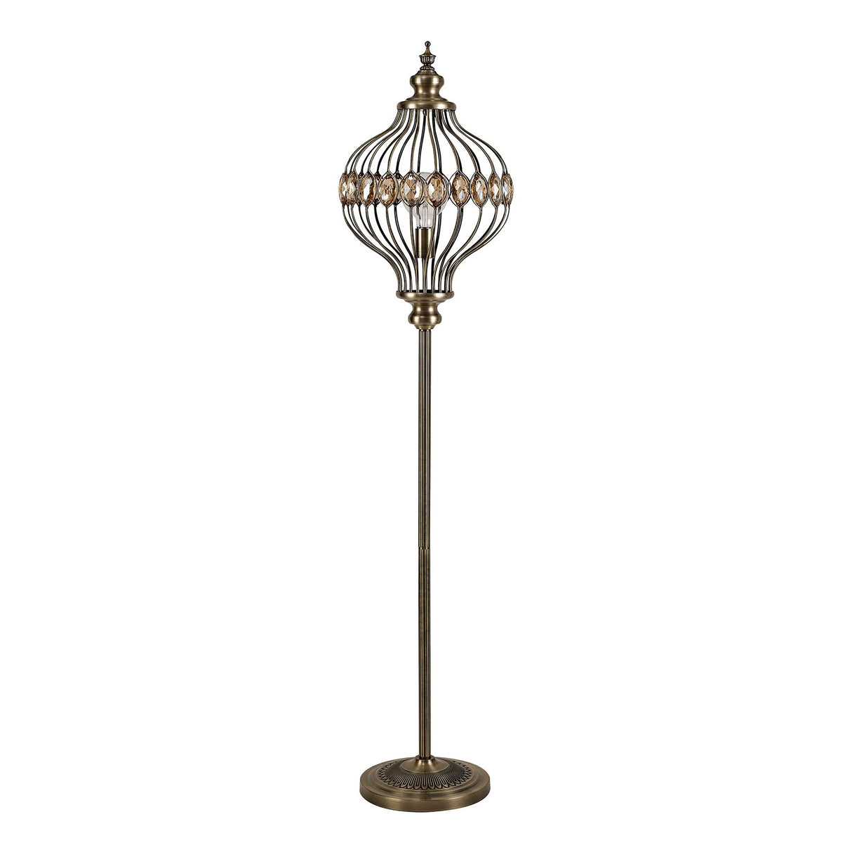 The Marisa 1 Light Crystal Floor Lamp in antique brass features a tall, ornate design with a round base and a caged globe-shaped shade adorned with intricate metalwork and crystal-like accents.