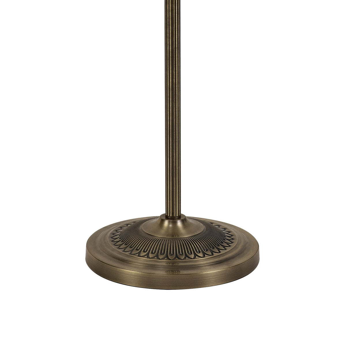 A close-up of the Marisa 1 Light Crystal Floor Lamp in antique brass, showcasing its metallic finish and decorative engraved pattern around the circular base.