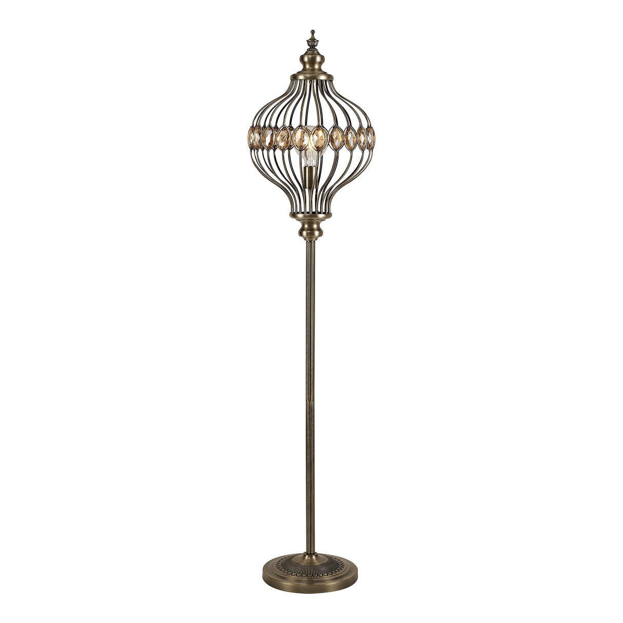 The Marisa 1 Light Crystal Floor Lamp in antique brass features a slender pole, round base, elegant crystal and metal accents, and a decorative open cage shade for a sophisticated look.