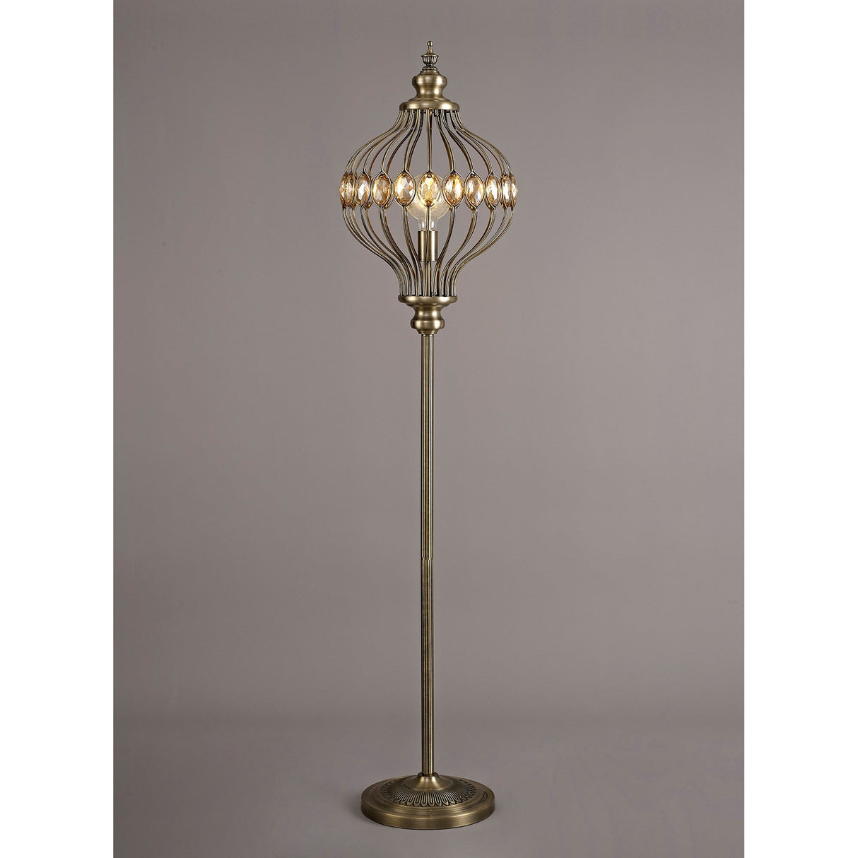 The Marisa 1 Light Crystal Floor Lamp in antique brass features a tall frame, round cage-style shade with oval crystal accents, and a sturdy circular base, shown against a plain gray background.
