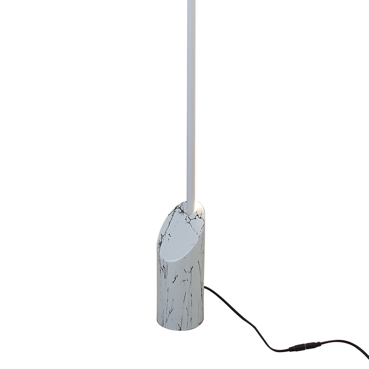 The Marmol LED Floor Lamp 28W 3000K features a slim vertical light tube, a white marble cylindrical base with black veins, and a black power cord.