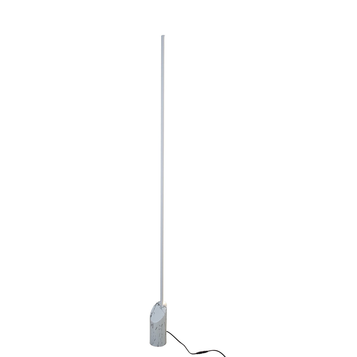 The Marmol LED Floor Lamp 28W 3000K features a tall, slim vertical pole design mounted on a small white marble cylindrical base, with a black power cord extending from the base. The lamp is shown against a plain white background.