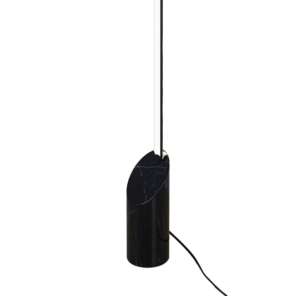The Marmol LED Floor Lamp 28W 3000K features a slim vertical light, a diagonally cut black marble cylindrical base, and an electric cord extending from the base.