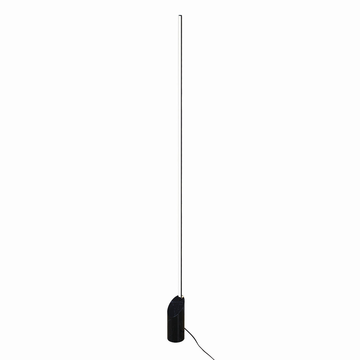 The Marmol LED Floor Lamp 28W 3000K features a minimalist, modern design with a slim vertical LED rod and black marble & black cylindrical base. A power cord extends from the base; background is plain white.