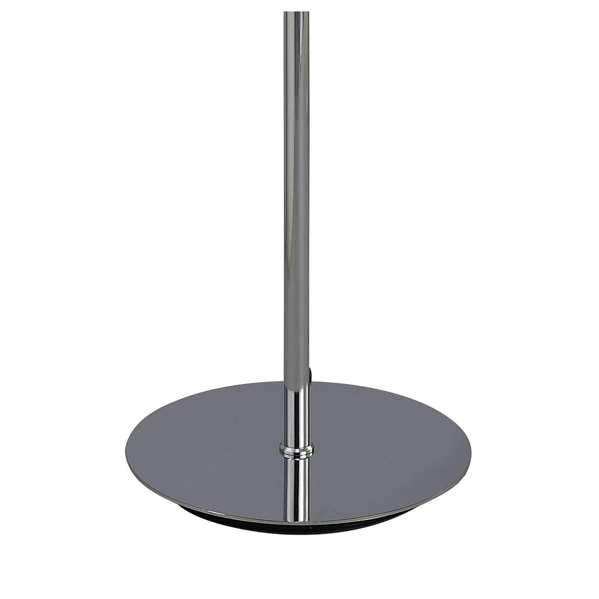 A close-up of the polished chrome base and central pole of the Mediterraneo 2 Light Glass Floor Lamp, designed for contemporary interiors and providing elegant ambient lighting.