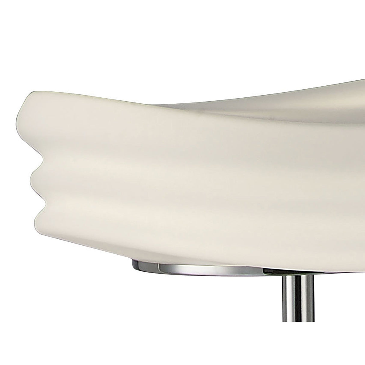 Close-up of a modern, sculpted white chair seat with wavy edges atop a chrome base, elegantly illuminated by the Mediterraneo 2 Light Glass Floor Lamp in polished chrome for a sophisticated look.