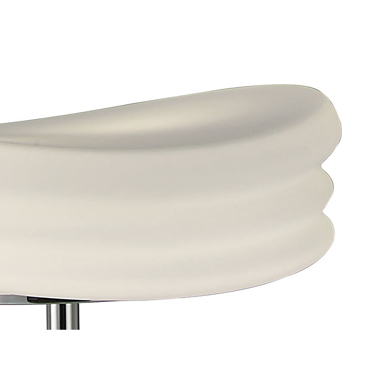 A close-up of the Mediterraneo 2 Light Glass Floor Lamp in polished chrome, featuring sleek curved glass elements and minimal metal support, softly illuminated by ambient lighting.