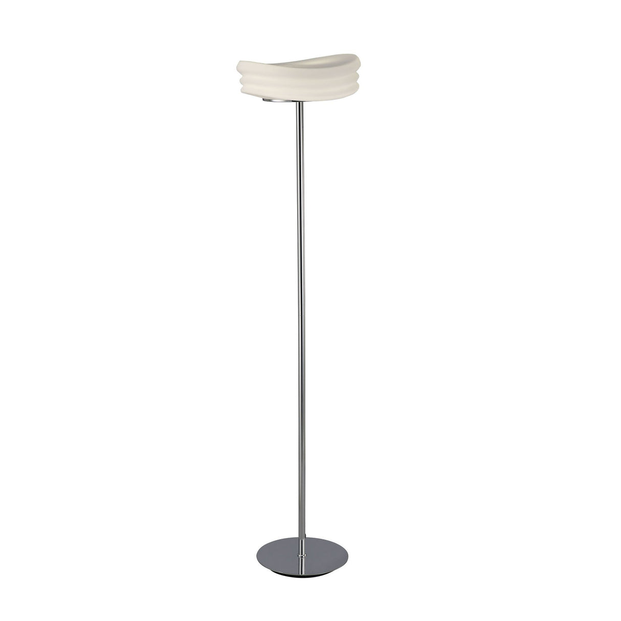 The Mediterraneo 2 Light Glass Floor Lamp in polished chrome features a slim metallic stand, round base, and a wavy white glass shade that offers ambient light—ideal for any contemporary lighting setup.