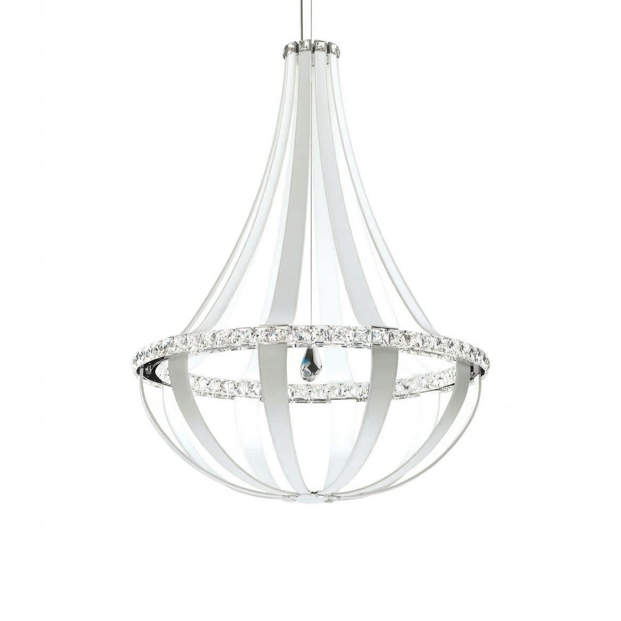 The Tessaro K9 LED Crystal & Leather Medium Chandelier in White features a modern teardrop shape with curved silver bands, clear crystals, and sleek leather accents, suspended by a thin cord against a white background.