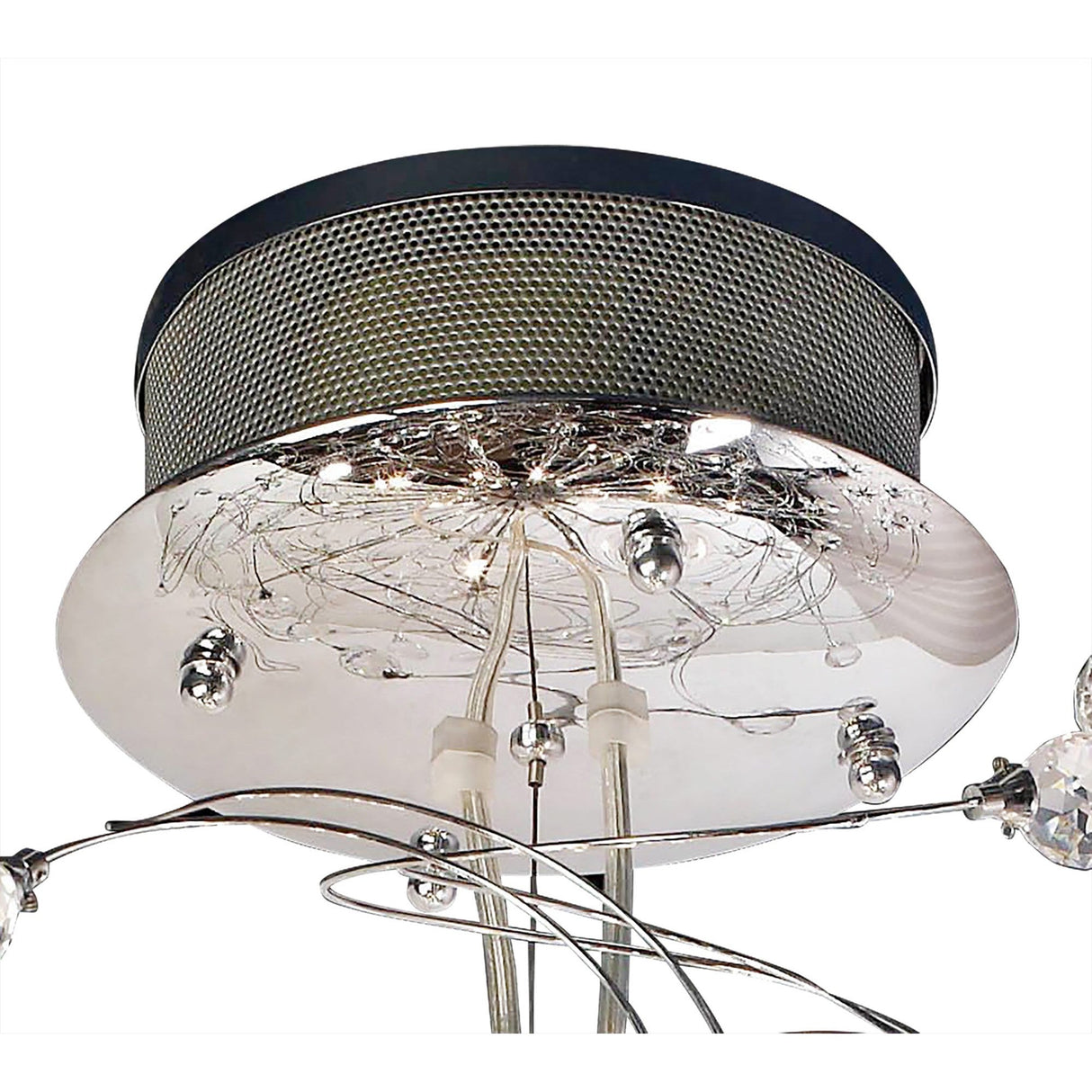 Diyas Messe semi-flush ceiling light detail showing the polished chrome plate, perforated drum, and crystal wire cluster with G4 bulbs.