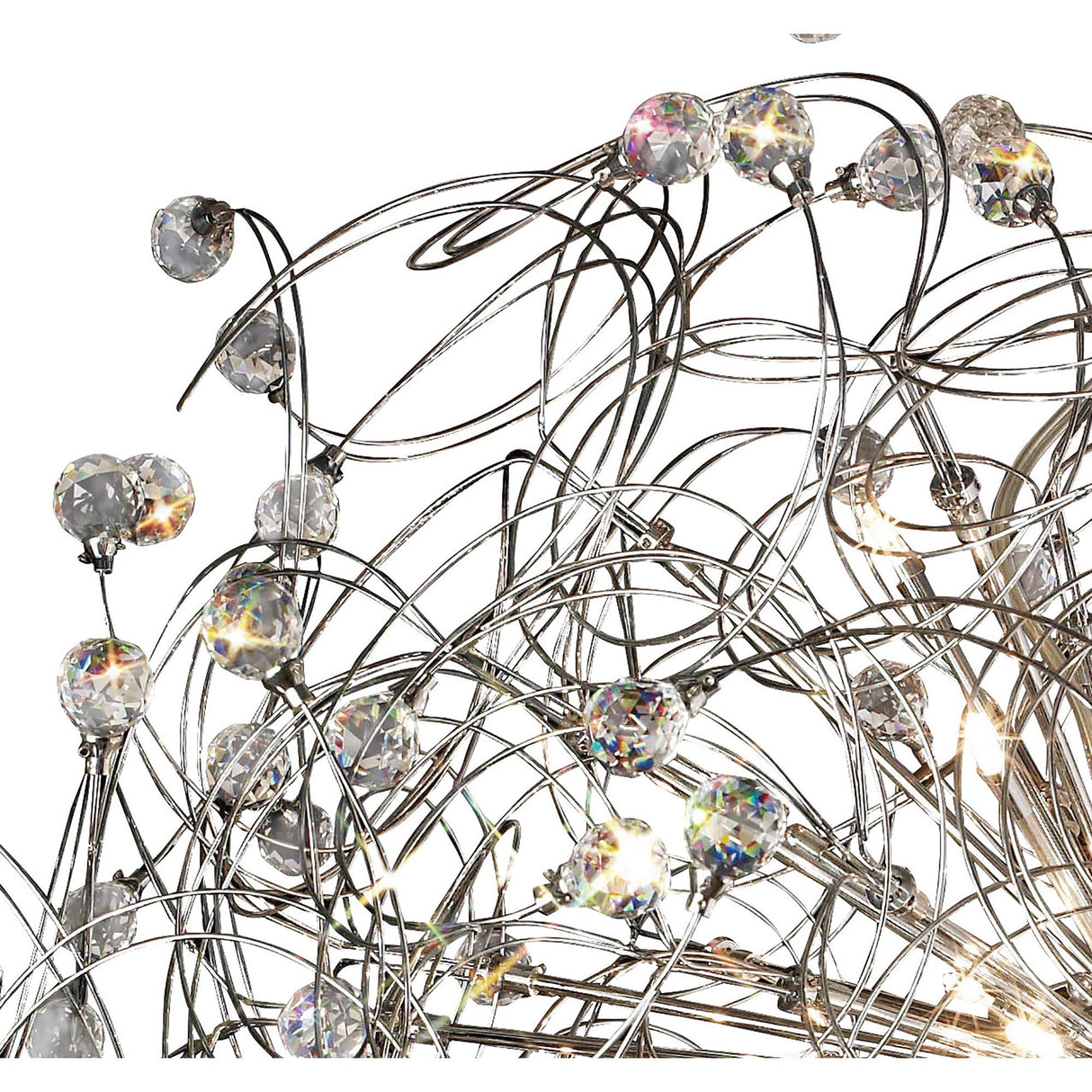 Close-up of Diyas Messe 24 light crystal semi-flush ceiling light in polished chrome, showing looped wires tipped with faceted crystal spheres.