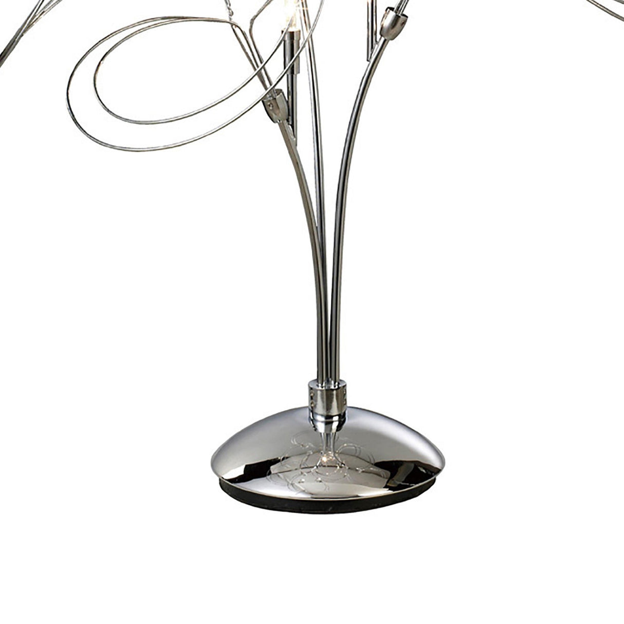 A close-up of the Messe 3 Light Crystal Table Lamp in polished chrome, featuring multiple curved metal stems and crystal details, set against a plain white background.