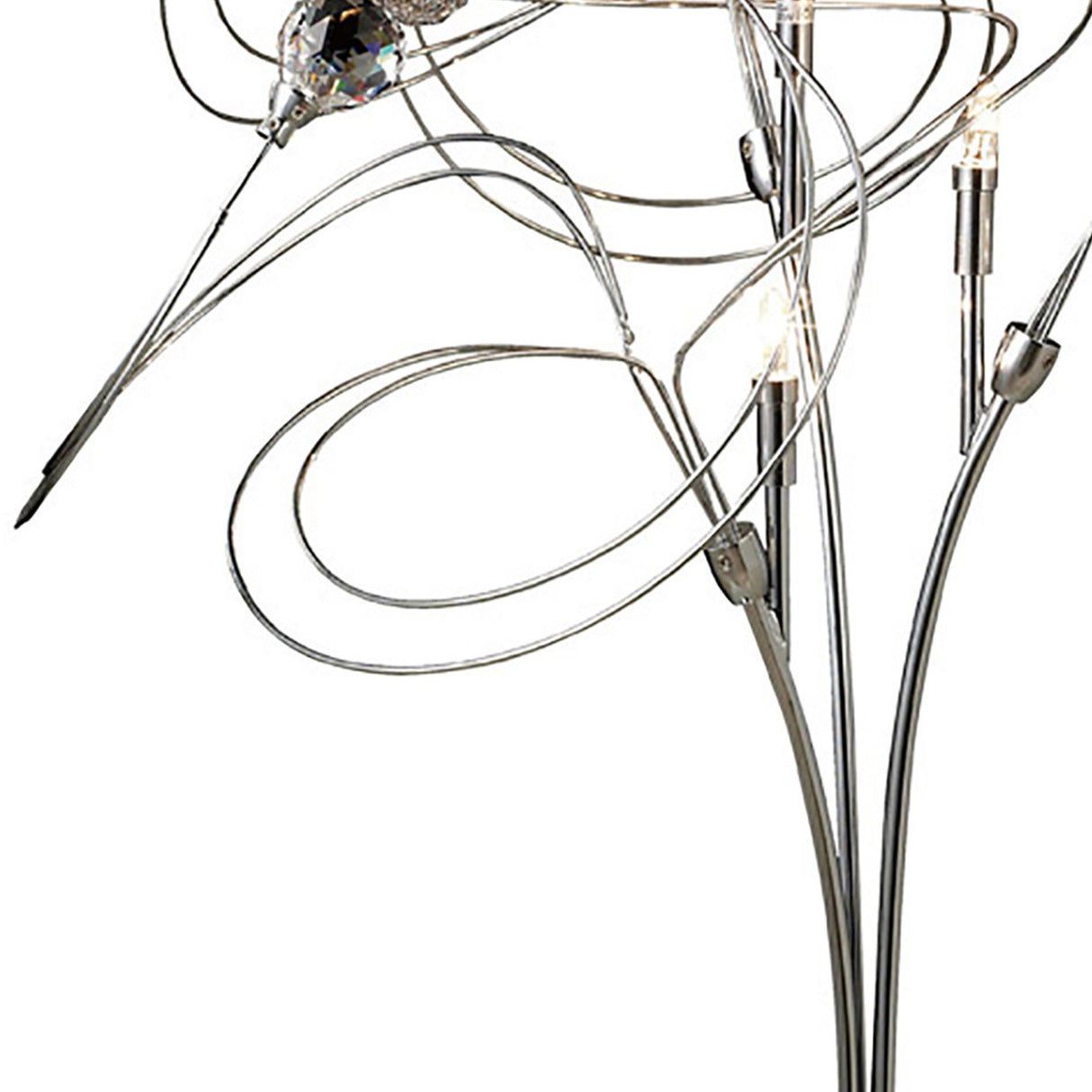 A close-up of the Messe 3 Light Crystal Table Lamp in polished chrome, showcasing curved metal arms, exposed bulbs, and a decorative Asfour crystal element near the top.