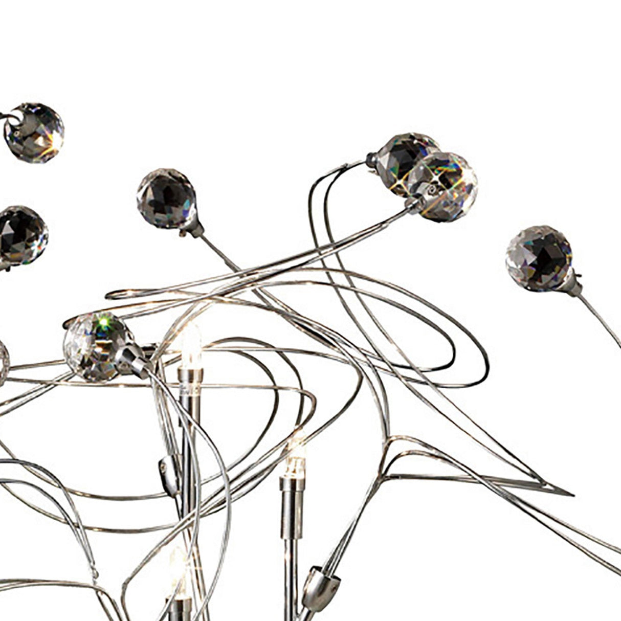 The Messe 3 Light Crystal Table Lamp in polished chrome features curved metal rods holding clear Asfour crystal spheres, creating an abstract modern look against a white background.