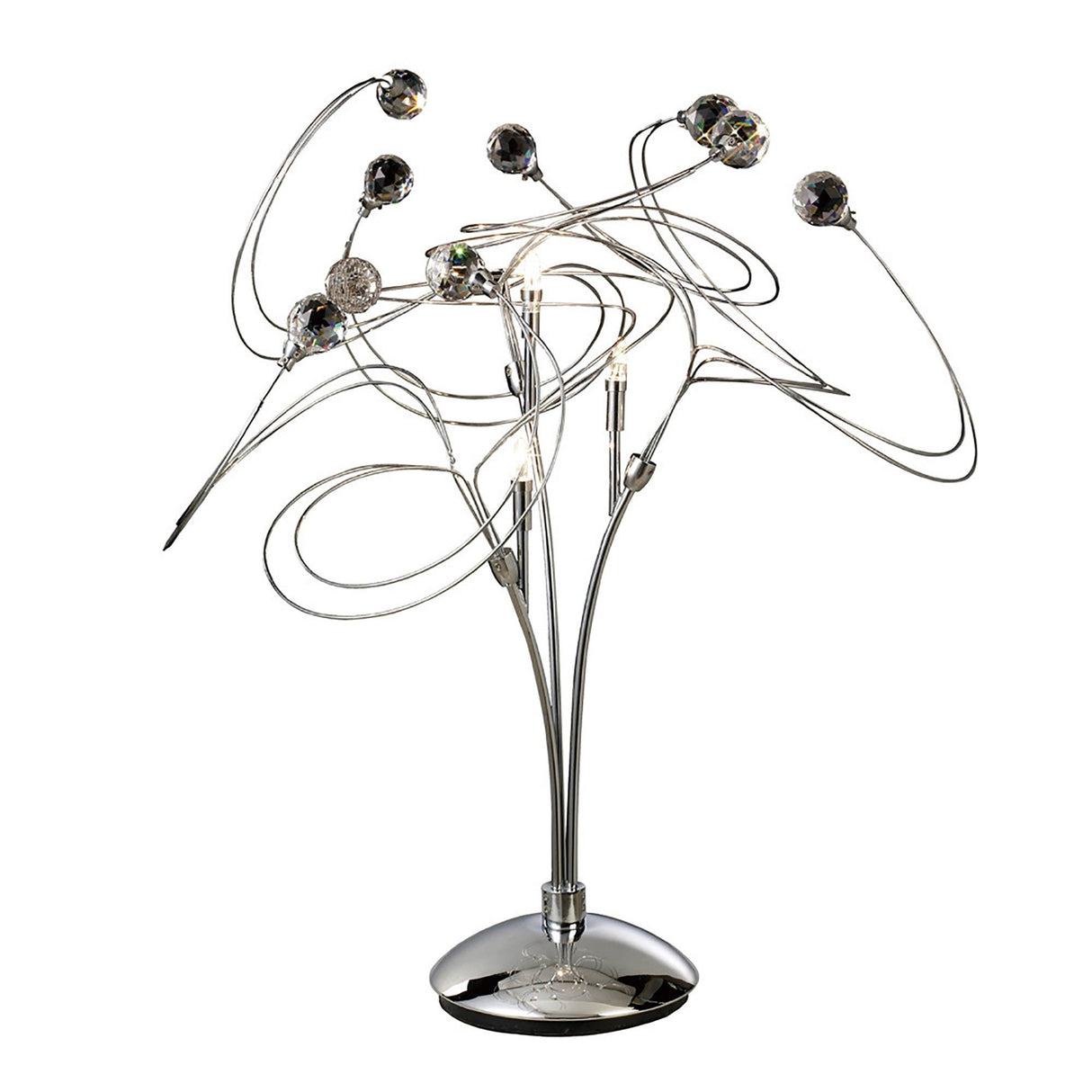 The Messe 3 Light Crystal Table Lamp features a polished chrome base with curved metal arms, each ending in a decorative glass sphere, creating an abstract swirling look ideal for contemporary spaces.