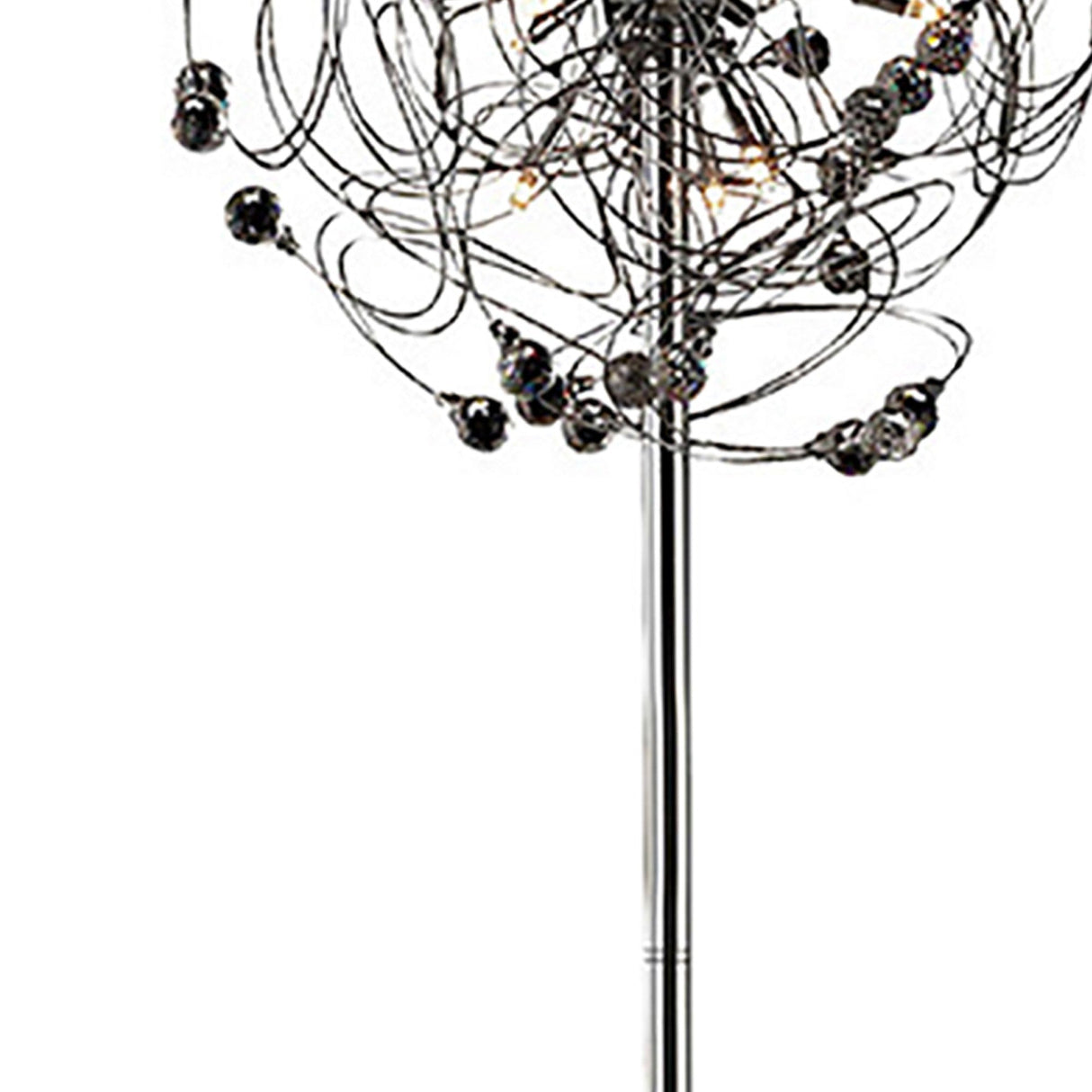 A close-up of the Messe 12 Light Crystal Floor Lamp in polished chrome, showcasing exposed bulbs and an intricate metal wire design branching from the center for striking ambient lighting.