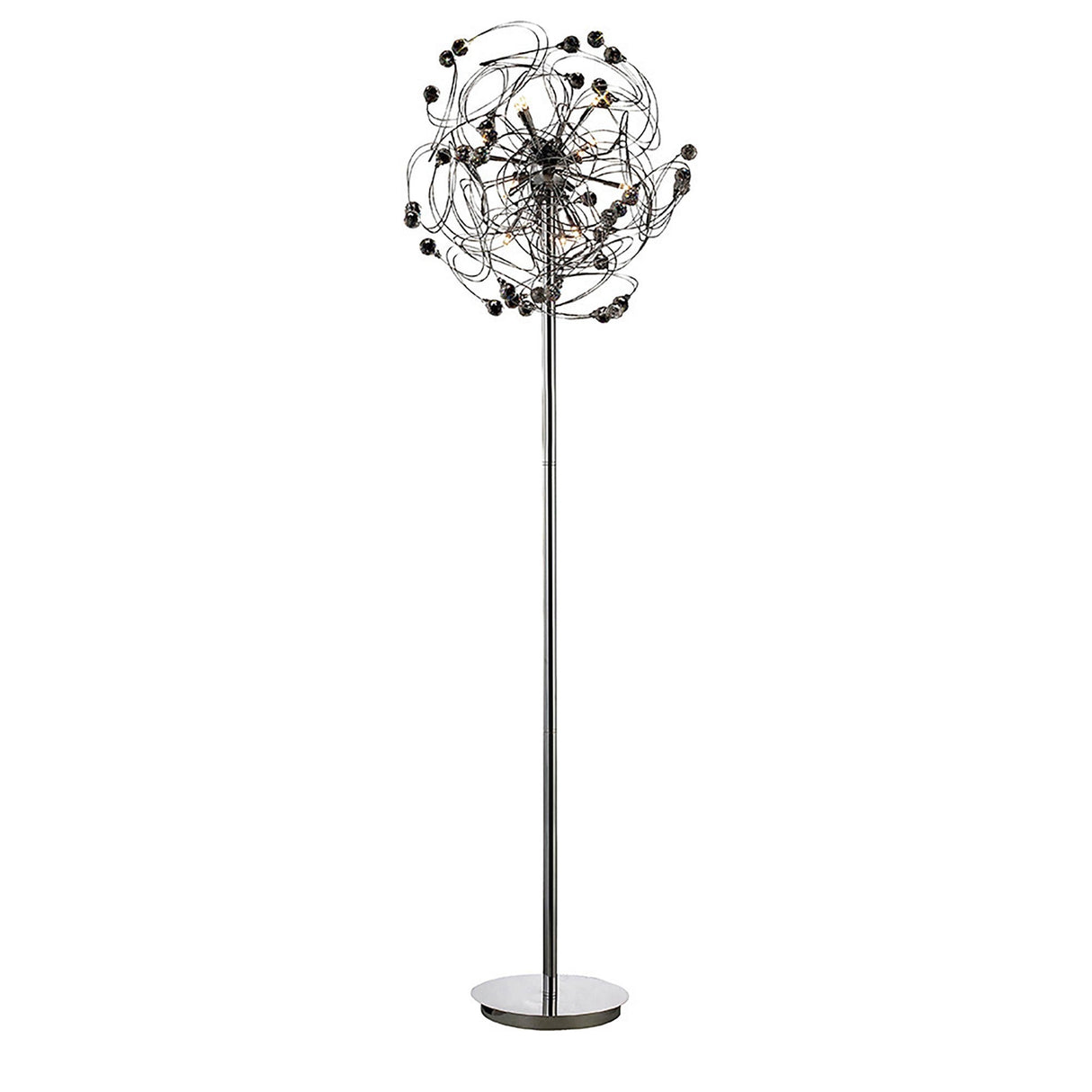 The Messe 12 Light Crystal Floor Lamp in polished chrome features a slim stand, wire-like spherical top with crystal accents, and multiple bulbs—ideal for bringing elegant ambient lighting to any room.