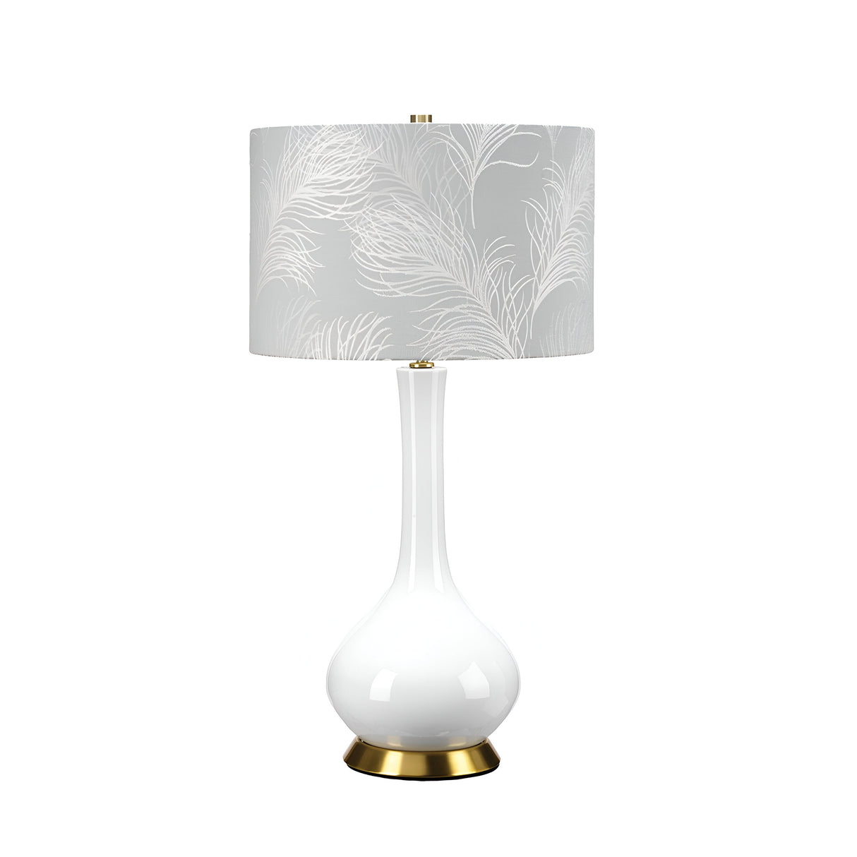 Introducing the Milo 1 Light Table Lamp, featuring an aged brass base complemented by a sleek light blue ceramic design. The lampshade boasts a light gray hue adorned with a white feather pattern, adding an elegant touch to this refined piece.