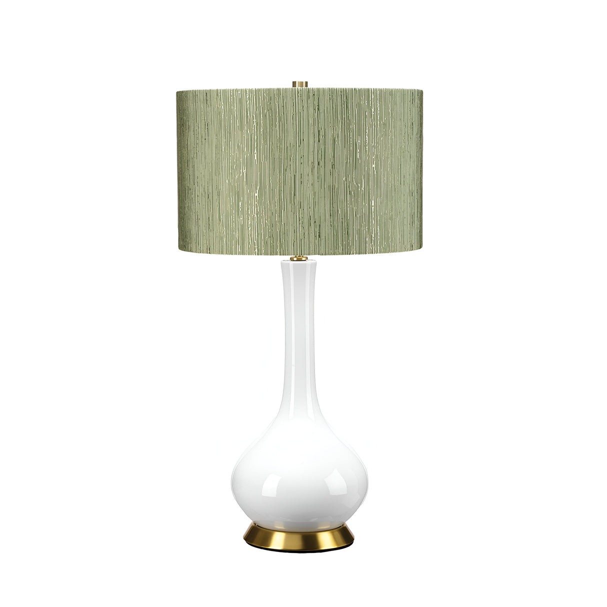 The Milo 1 Light Table Lamp features an elegant, elongated ceramic base in white, complemented by a circular light green textured shade and subtly accented with aged brass at the base.