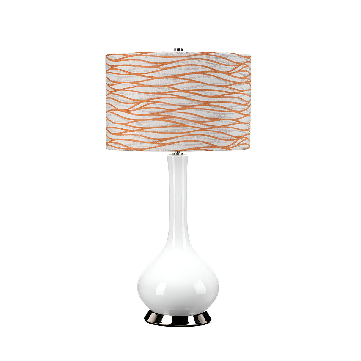 Introducing the Milo 1 Light Table Lamp - Polished Nickel/Orange, which showcases a sleek white elongated base finished with polished nickel. Its cylindrical shade, decorated with an abstract design of wavy orange lines set against a white backdrop, brings an artistic touch to any room.