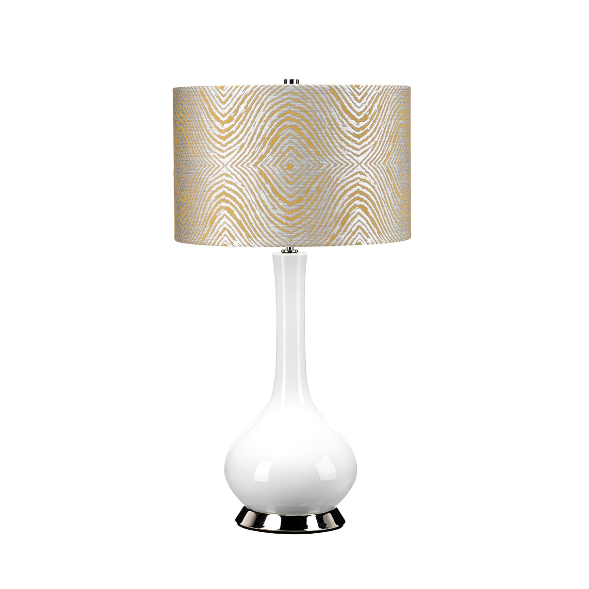 Presenting the Milo 1 Light Table Lamp - Polished Nickel/Yellow, showcasing a stylish white base and a round yellow drum shade adorned with a gold geometric pattern. This polished nickel accent piece elegantly complements its plain white background, striking the perfect balance between modern design and understated sophistication.