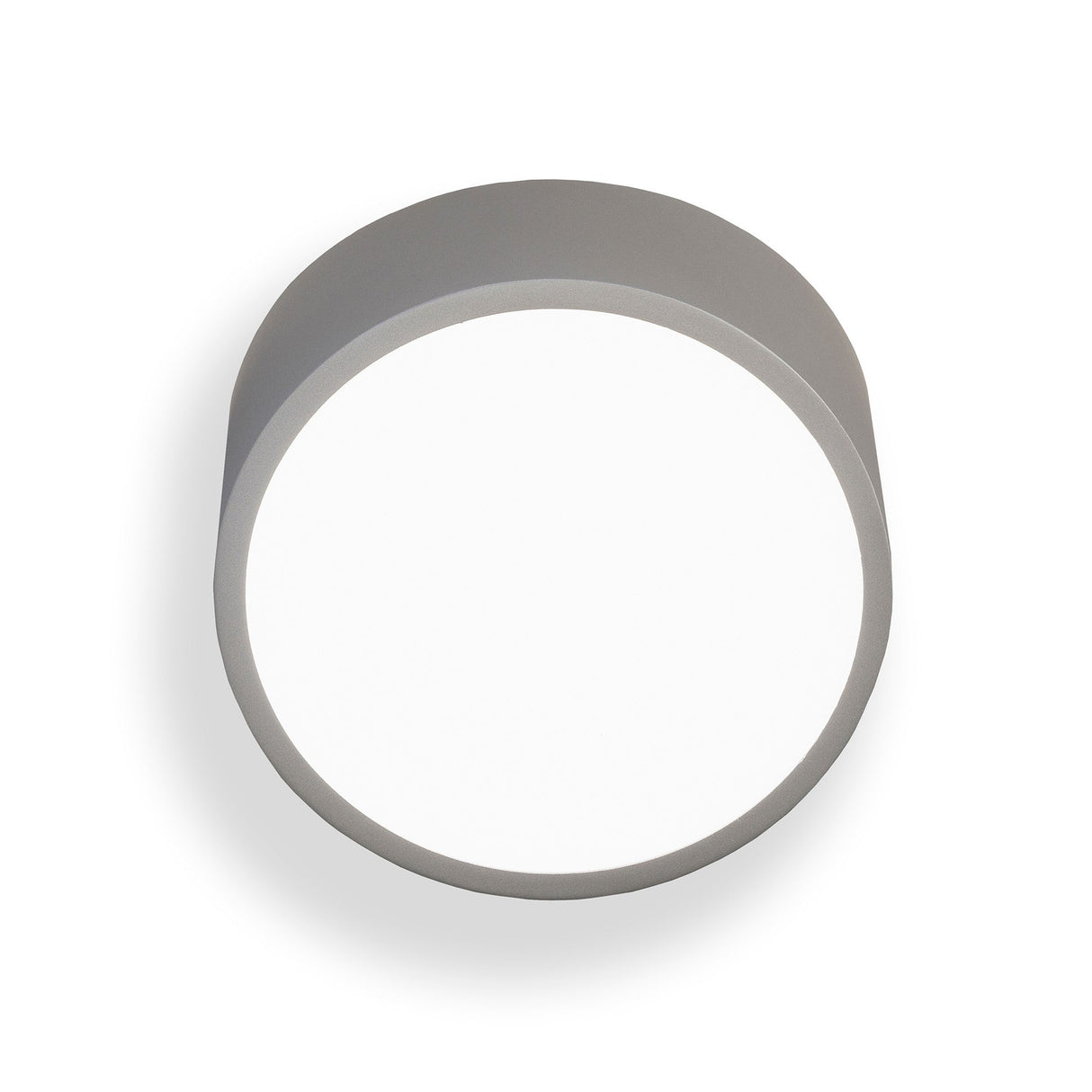 Mantra Mini Round 2 light outdoor wall light with circular silver aluminium frame and recessed opal white diffuser, shown on a plain white background.