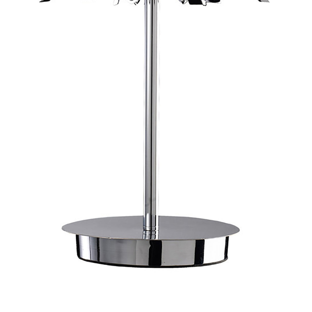 A close-up of the Mios 3 Light Crystal Table Lamp’s polished chrome base, featuring a cylindrical center pole and a reflective, smooth finish—highlighting its modern luxury design.