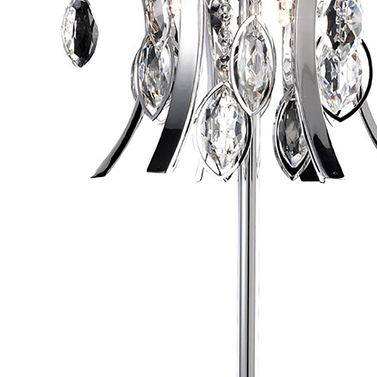 Close-up of the Mios 3 Light Crystal Table Lamp in polished chrome, featuring multiple curved metal arms with oval clear crystal accents for a shiny, elegant, and reflective luxury look.