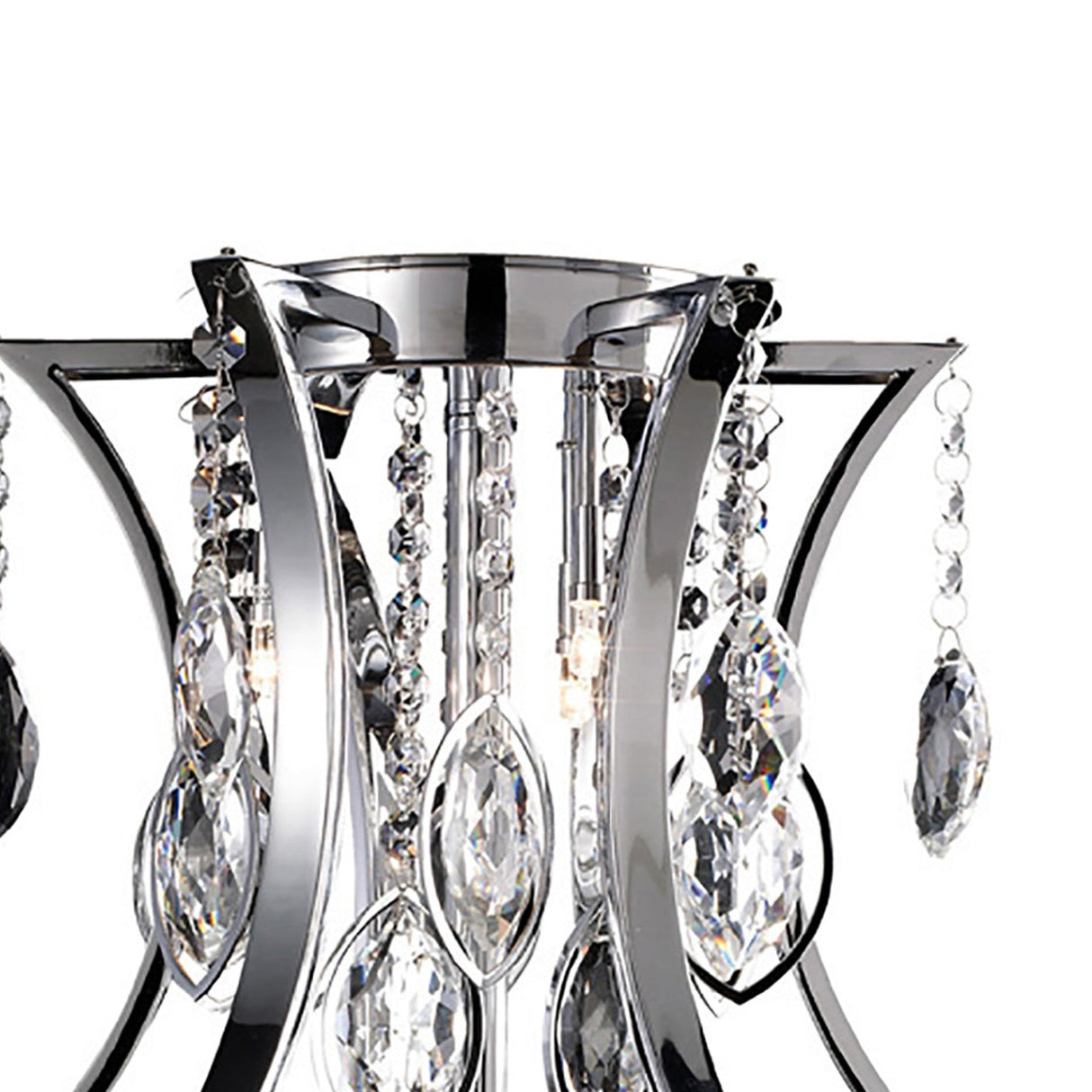 Close-up of the Mios 3 Light Crystal Table Lamp in polished chrome, featuring shiny metal arms and hanging crystal ornaments that reflect light for a sparkling, elegant, and contemporary look.