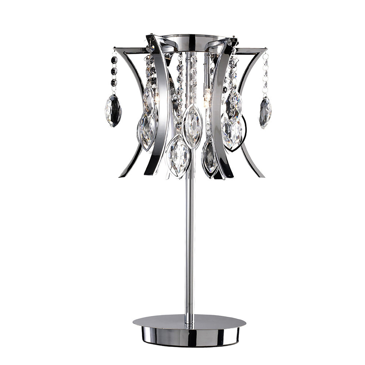 The Mios 3 Light Crystal Table Lamp in polished chrome features curved metal arms and hanging crystal pendants on a round base, casting a luxurious glow with its sparkling reflective surfaces.