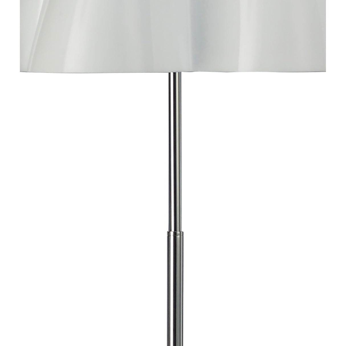 A close-up of the Miss 3 Light Floor Lamp featuring a gloss white, slightly curved lampshade and a polished chrome pole, set against a plain white background.