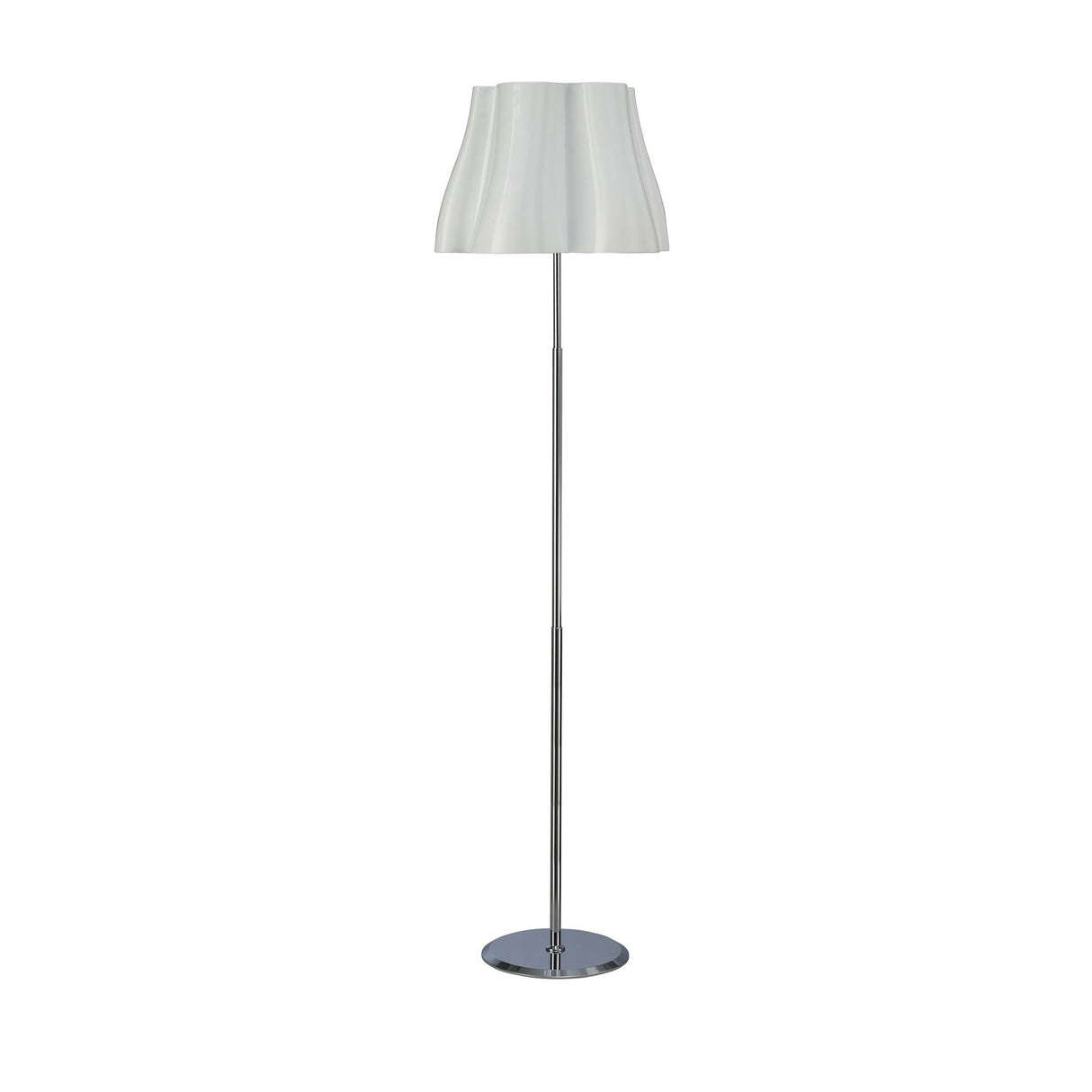 The Miss 3 Light Floor Lamp in gloss white and polished chrome features a sleek stand and wavy shade on a round base, adding contemporary style to any space against a plain white background.