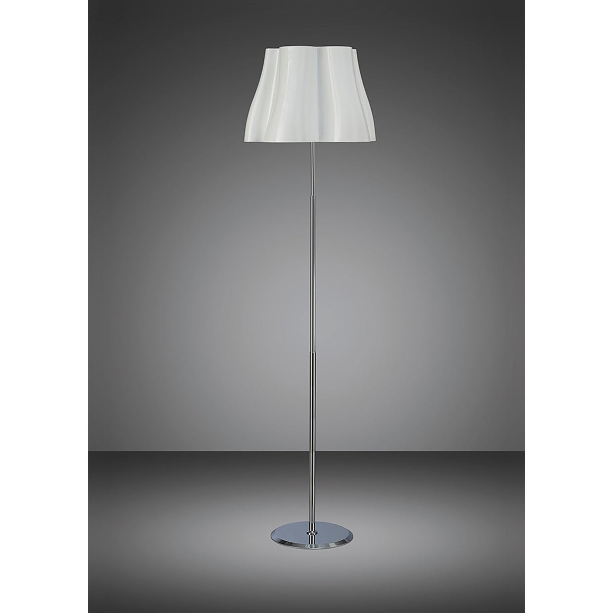 The Miss 3 Light Floor Lamp features a gloss white, wavy-edged shade and polished chrome base and pole, standing on a dark floor with a gradient gray background—perfect for contemporary lighting.