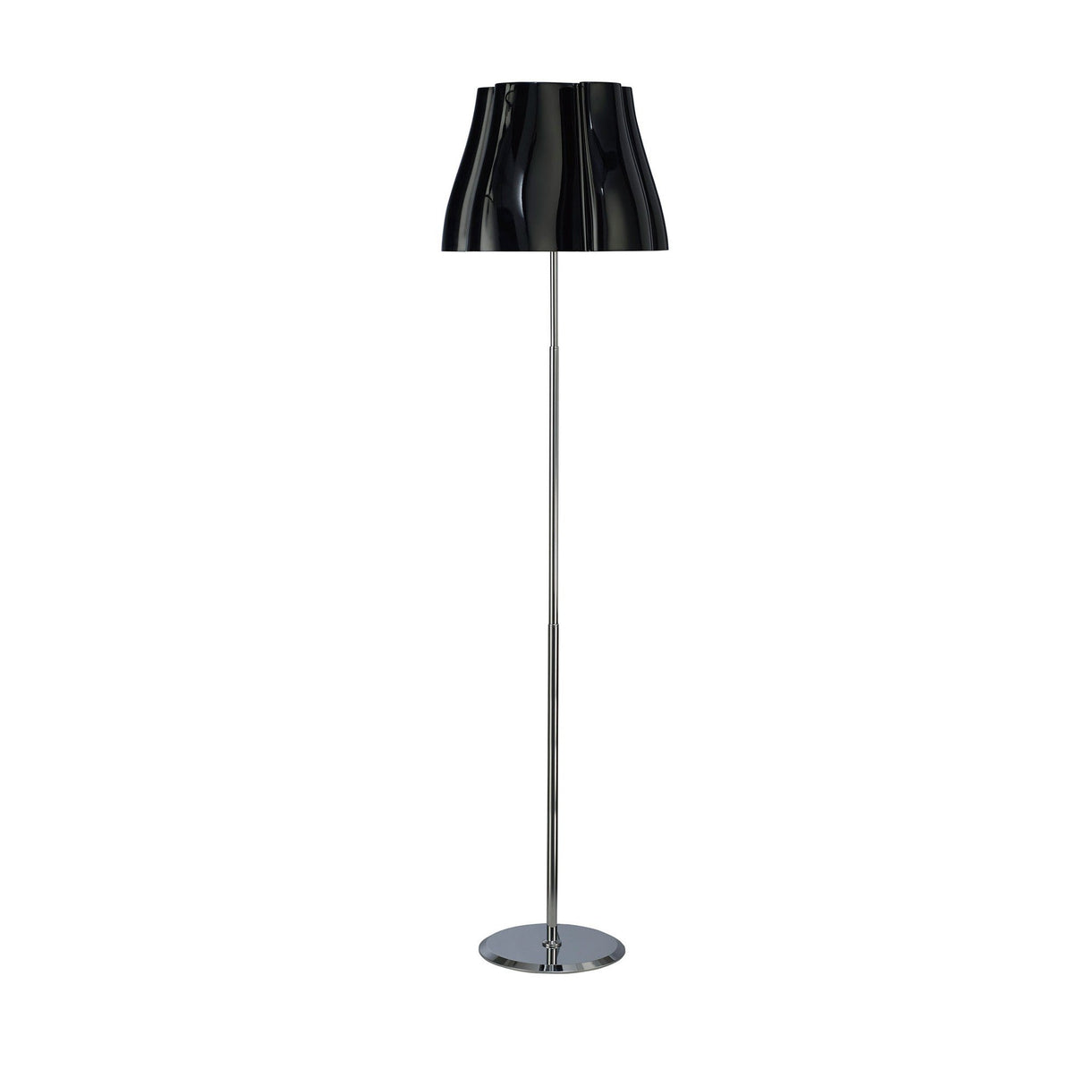 The Miss 3 Light Floor Lamp features a polished chrome base, slim metallic pole, and a gloss black lampshade with gentle wavy patterns, all photographed against a plain white background.